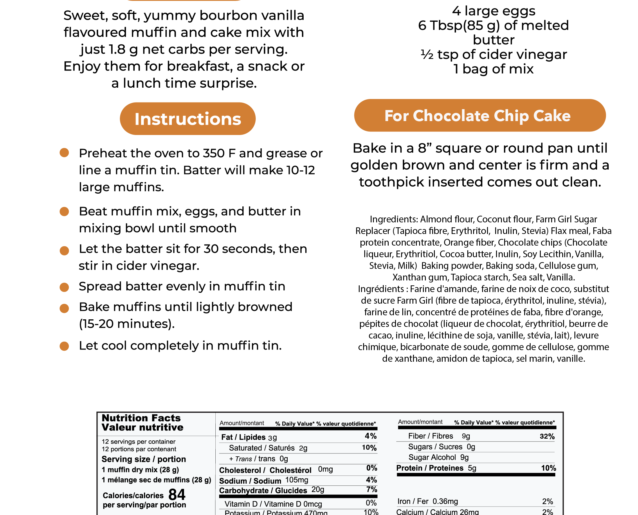 Keto Chocolate Chip Muffin and Cake Mix, Gluten Free 350g - Farm Girl 